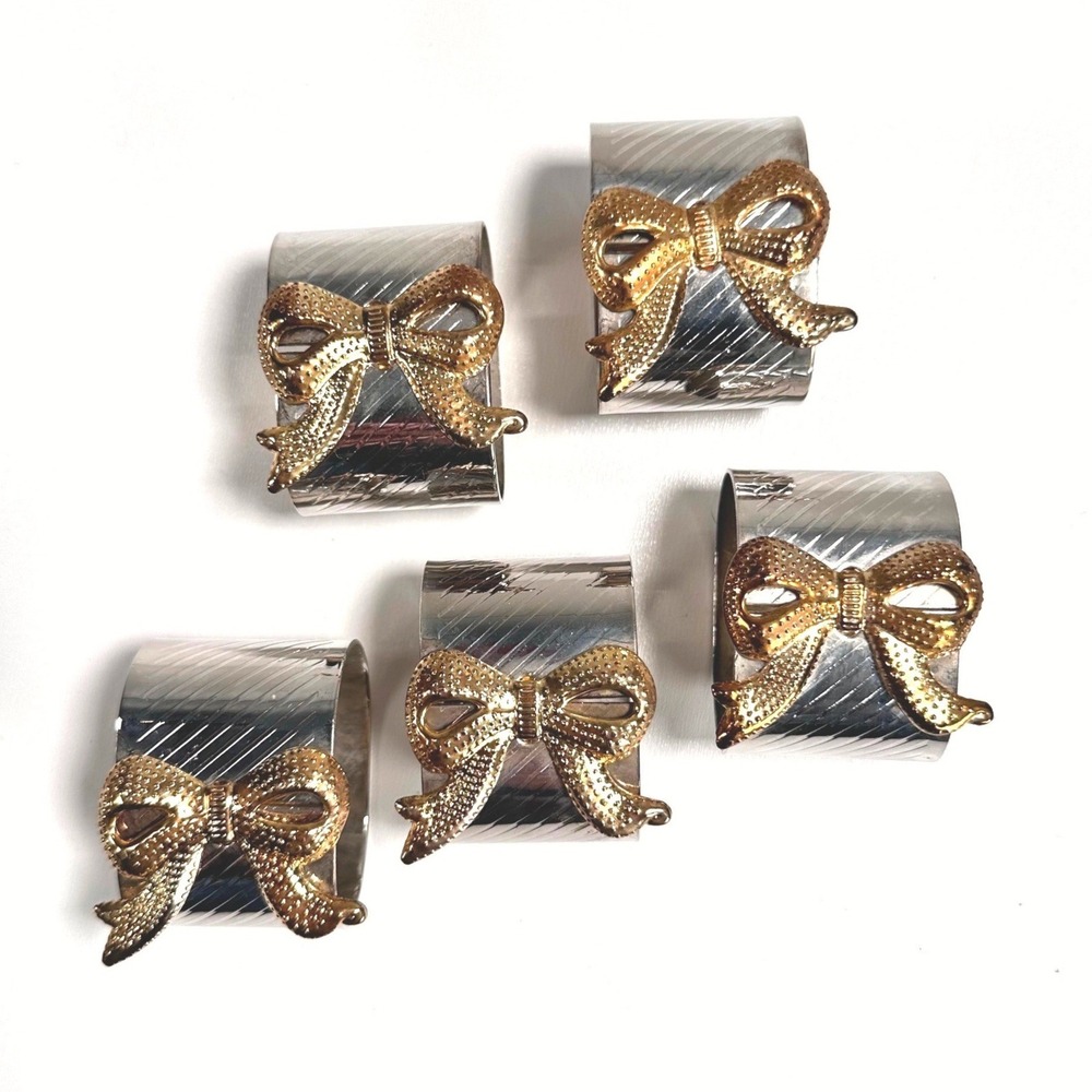 Set‎ of Vintage Elegance Silver Plate Napkin Rings Gold Bow Cottagecore Art Deco